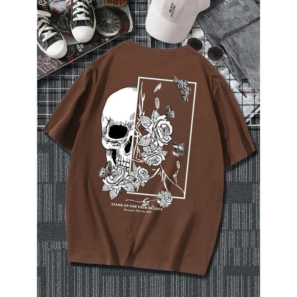 NWT ROMWE‎ Mens Skull & Floral Print Tee Size XL Color Brown - Picture 1 of 9
